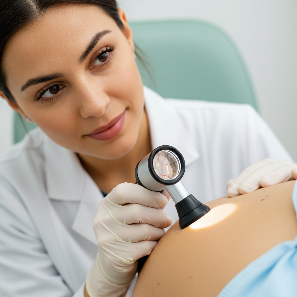 Close up of a dermatologist using a dermatoscope to examine a patient's skin