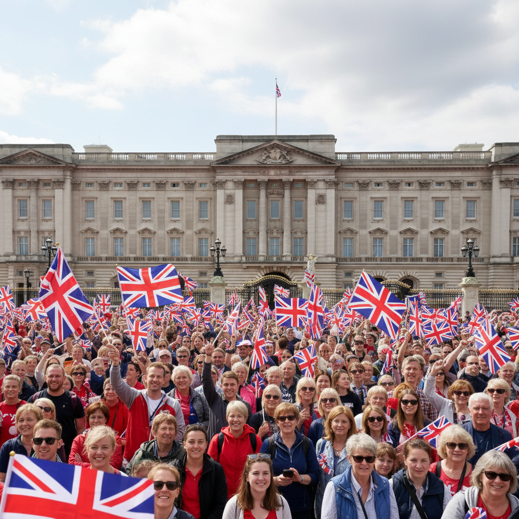 A crowd of people holding British flags outside Buckingham Palace