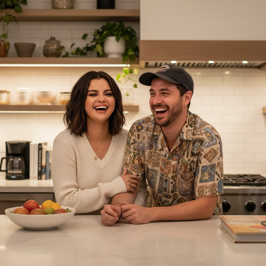 Selena Gomez and Benny Blanco laughing together at a kitchen counter