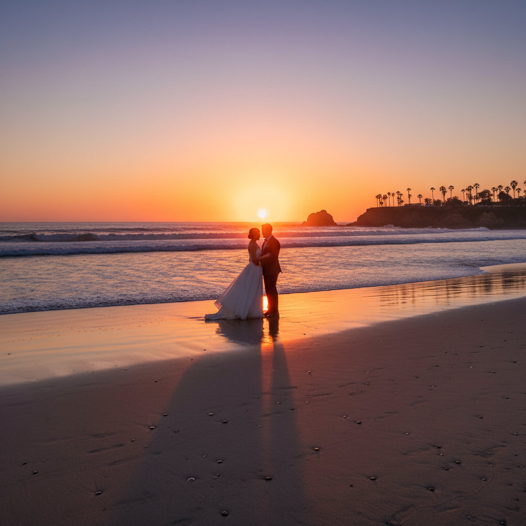 A romantic sunset over a California beach with blurry figures in wedding attire