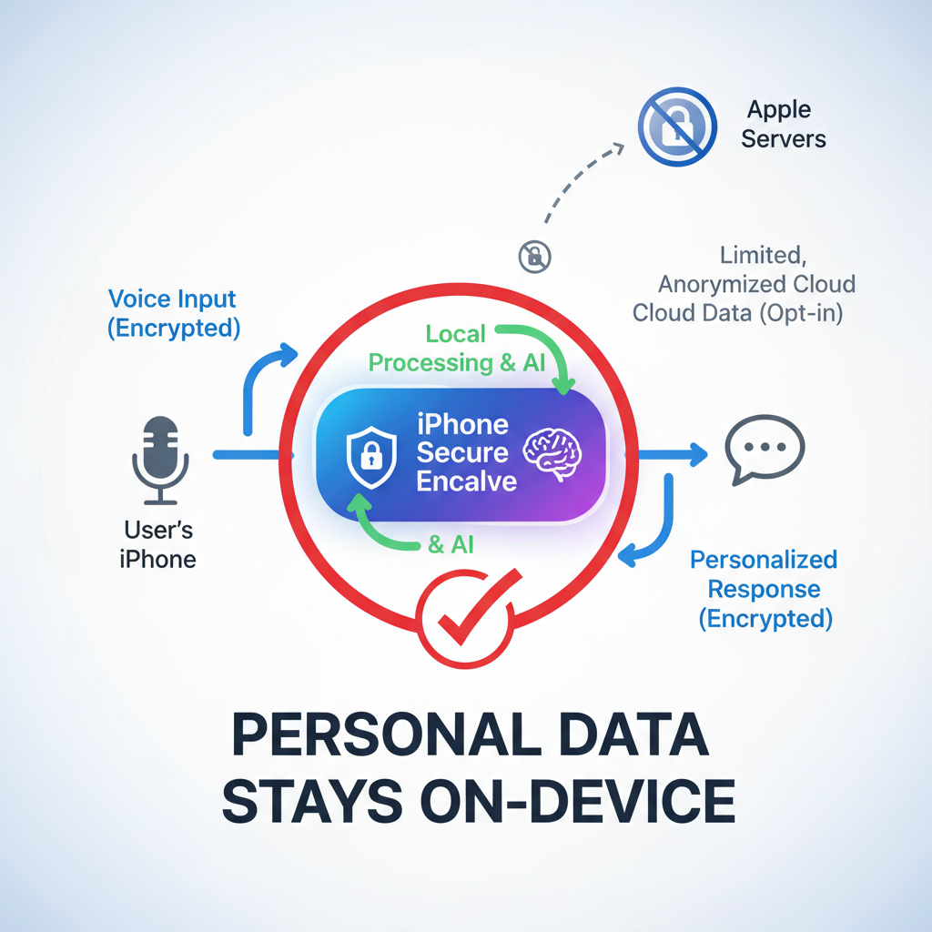 A diagram showing the data flow of Siri 2.0, emphasizing that personal data stays on the iPhone's Secure Enclave