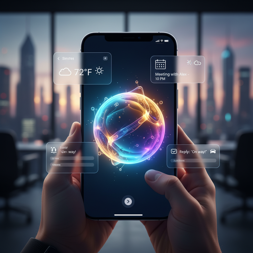 A futuristic visualization of Siri 2.0 as a glowing, fluid orb on an iPhone 17 screen, showing smart context overlays