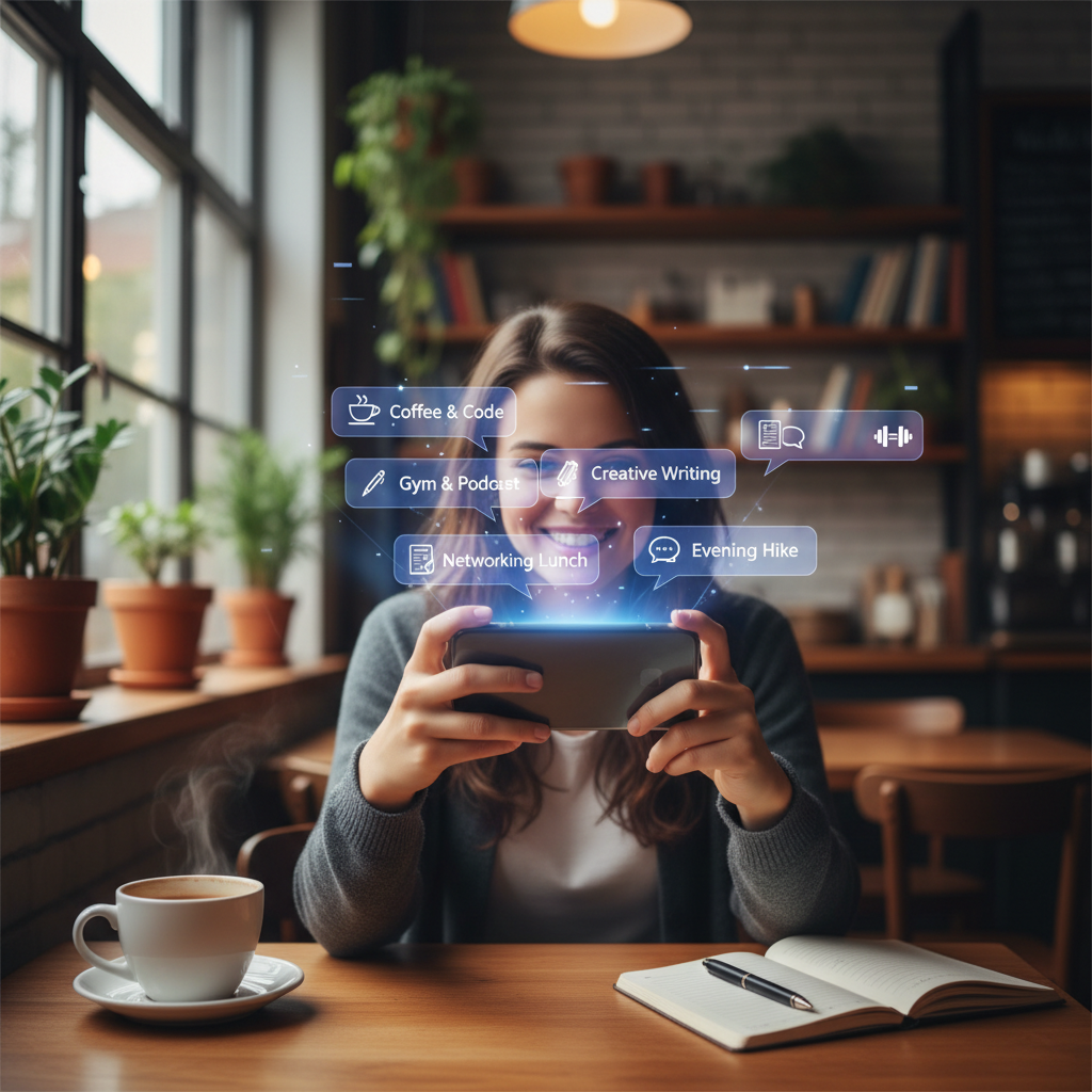 A person using an iPhone at a cafe, with a transparent AI interface floating above the screen showing 