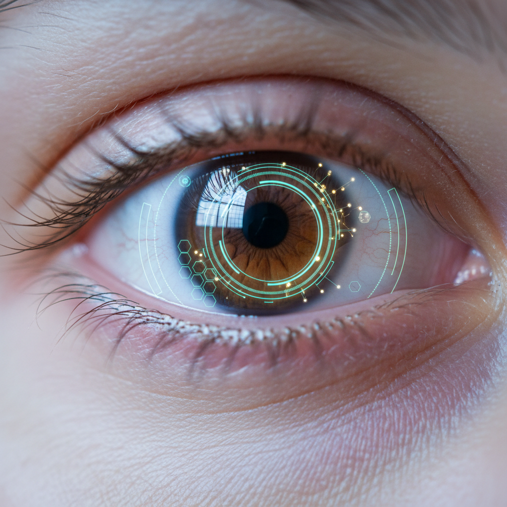 A close-up of a futuristic smart contact lens on an eye, showing a subtle digital overlay and biometric sensors.