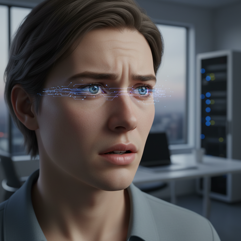 A person looking concerned, with subtle digital lines overlapping their eyes, symbolizing privacy invasion.