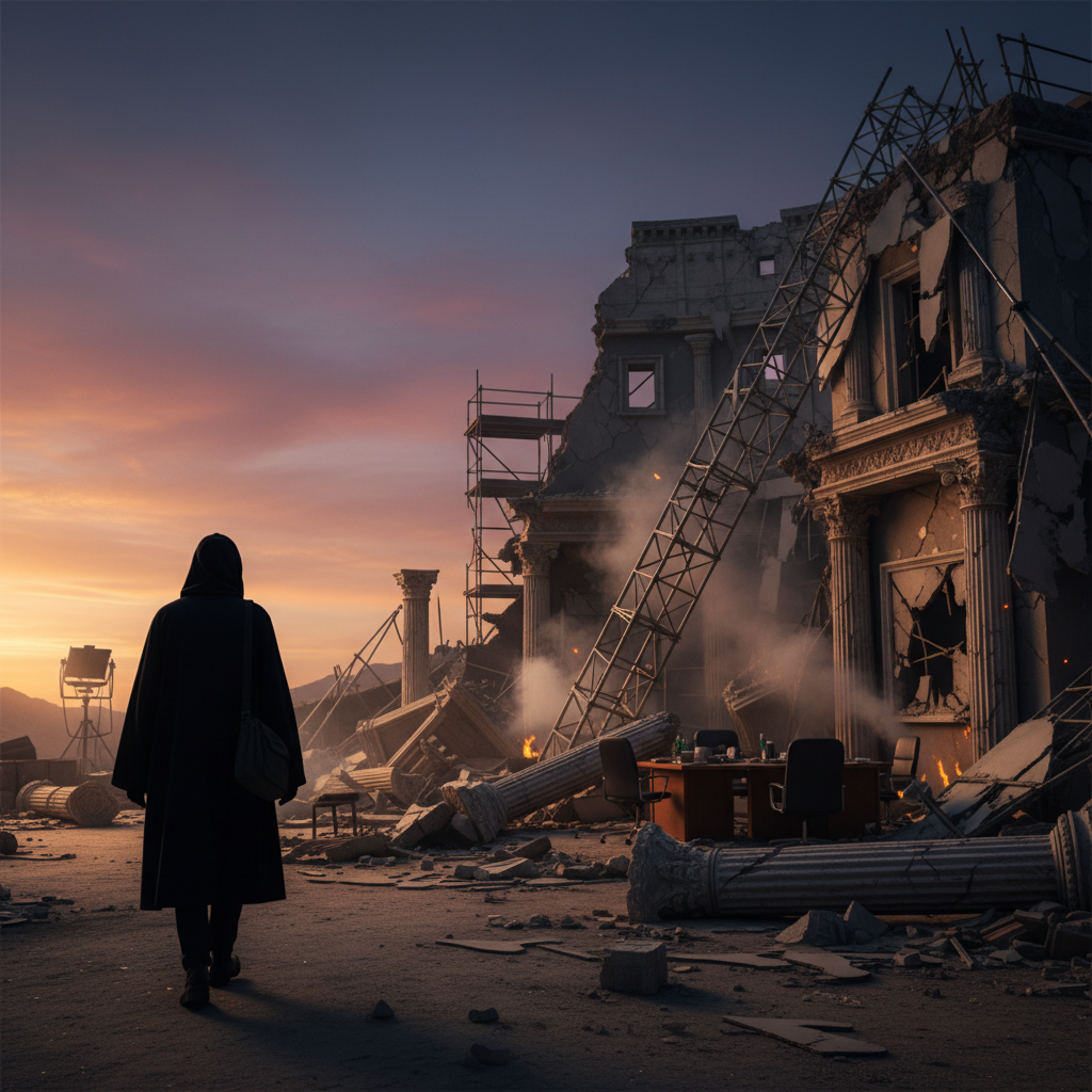 A dramatic, stylized image of a crumbling film set, with a lone, silhouetted figure walking away from the debris, symbolizing
