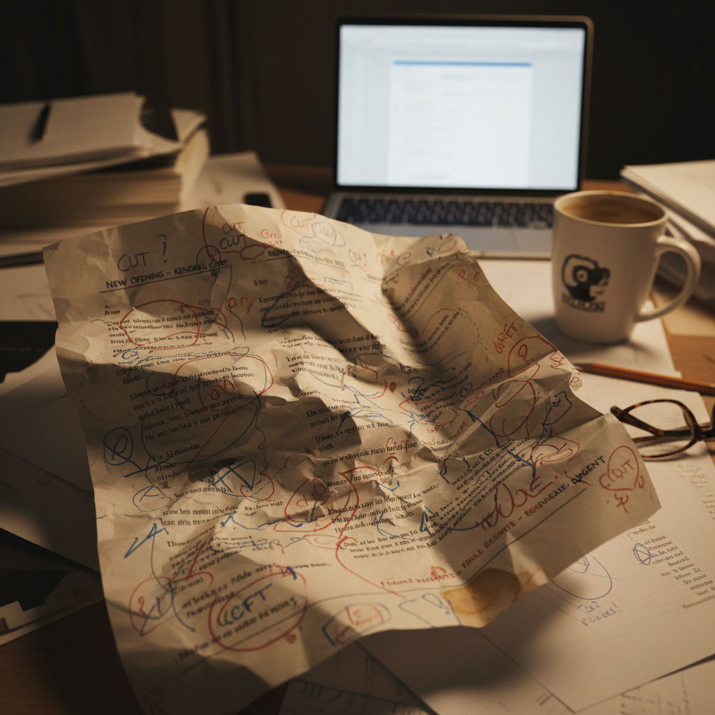 A dramatic, close-up shot of a crumpled script with revision notes scribbled furiously, symbolizing the creative chaos and ur