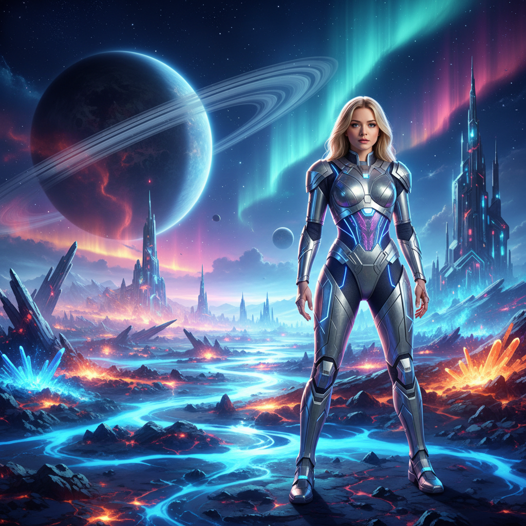 Sydney Sweeney in a silver futuristic costume standing on a neon planet surface