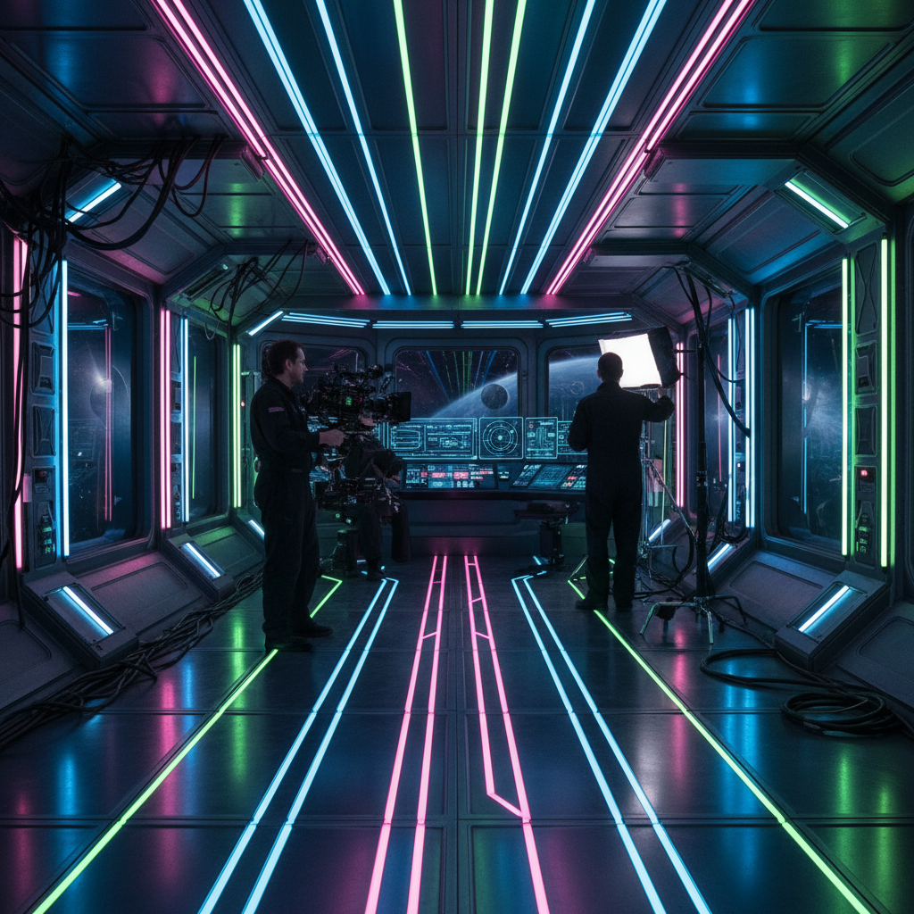 Behind the scenes shot of a futuristic spaceship interior with neon lighting