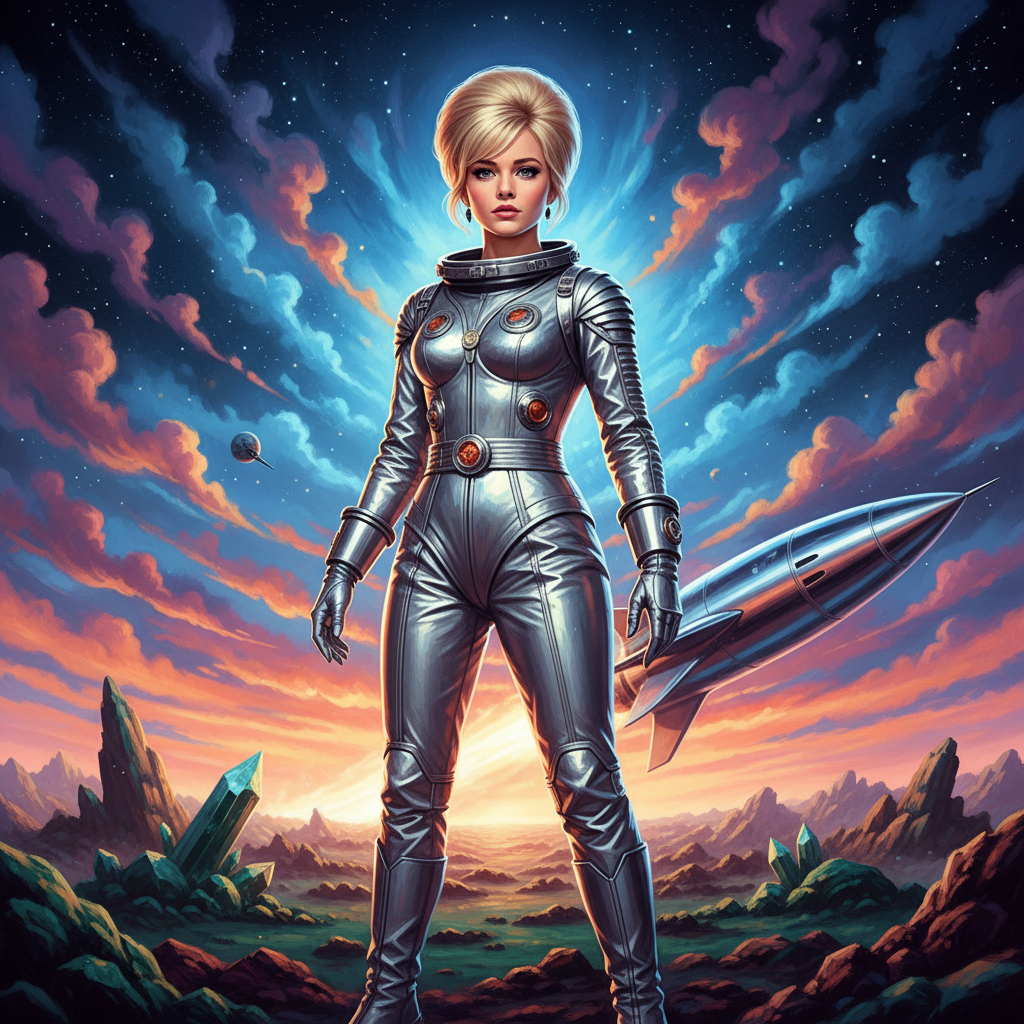 Sydney Sweeney in a silver metallic space suit with 1960s hair style