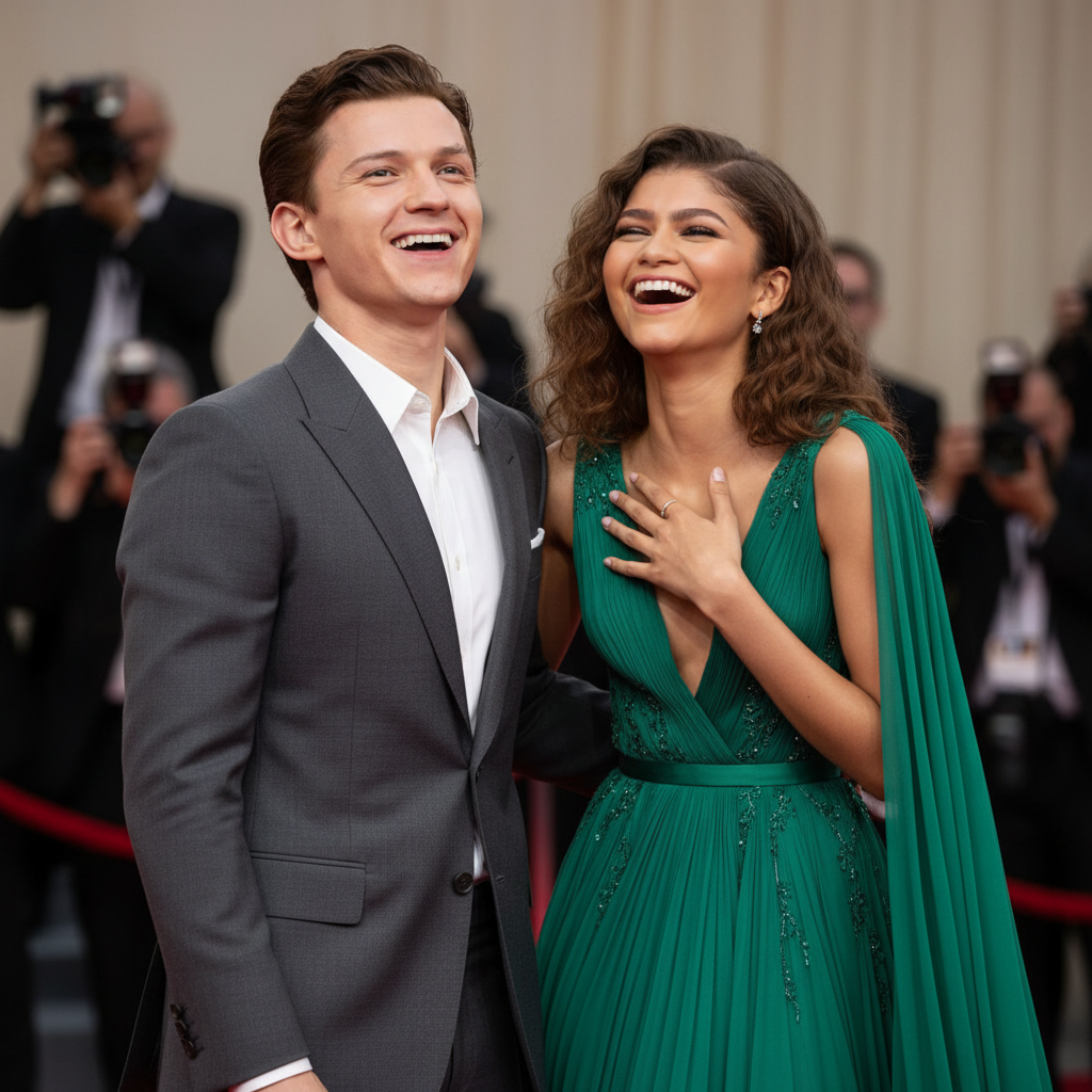 Tom Holland and Zendaya laughing together on a previous red carpet, showing their close chemistry.