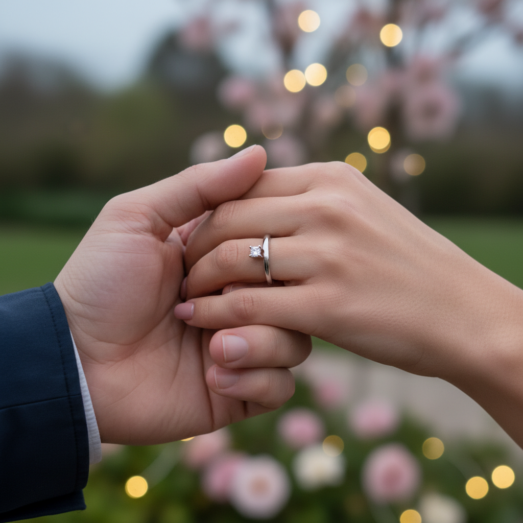 A close-up of a subtle yet elegant wedding band on a hand, with a blurred background of a serene, romantic setting, emphasizi