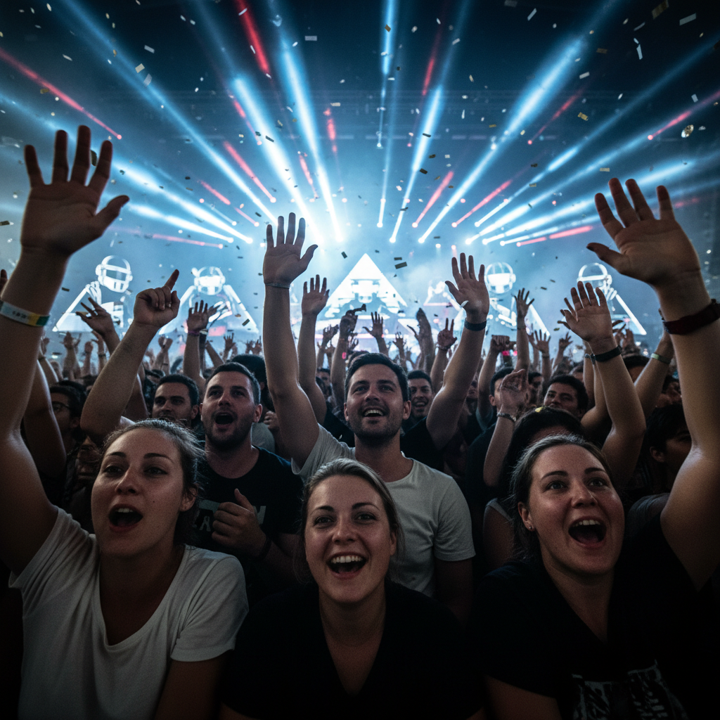 A close-up, high-energy shot of a crowd at a music festival, hands in the air, lights flashing. Focus on the excitement and a