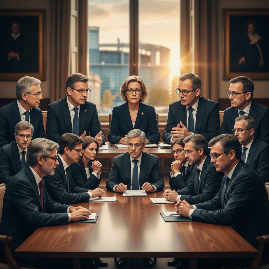 A composite image showing leaders from various European political parties in deep, serious conversation, with the EU Parliame
