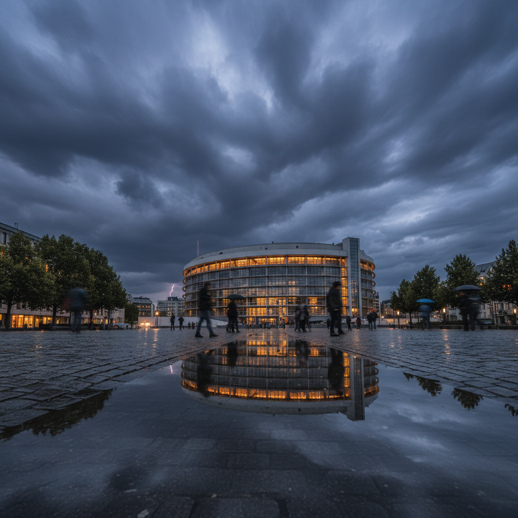 A dramatic wide-angle shot of the European Parliament building in Brussels at dusk, with storm clouds gathering overhead, sym