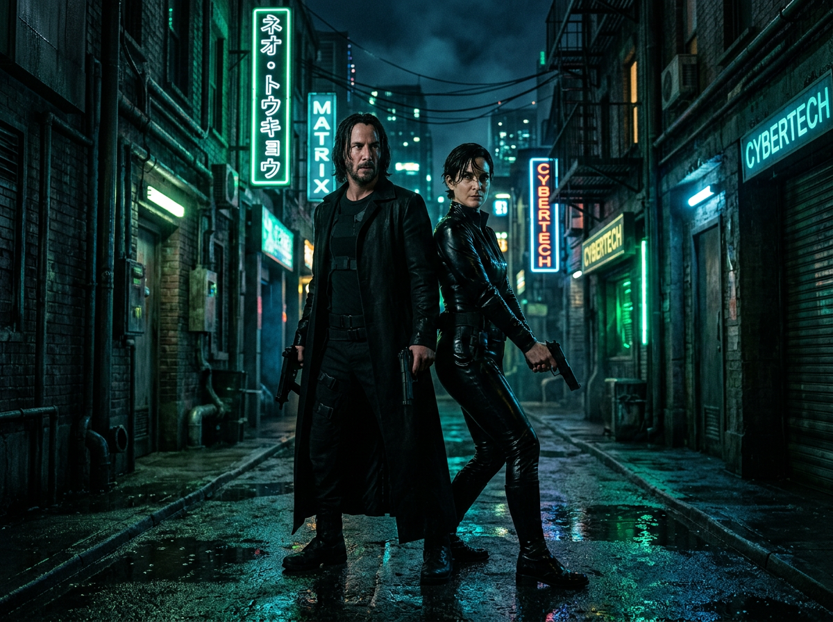 Keanu Reeves as Neo and Carrie-Anne Moss as Trinity, standing back to back in a dark, futuristic alleyway with neon green lig