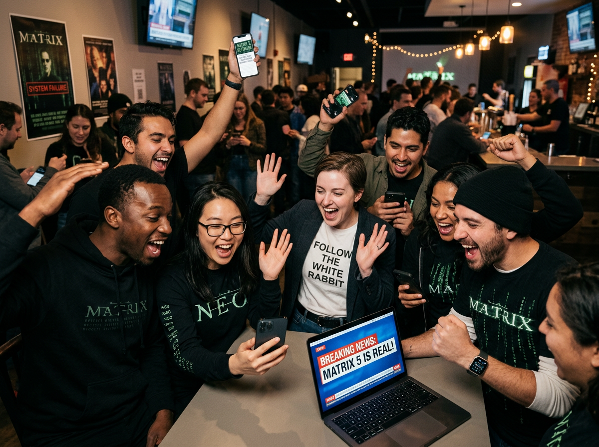 A diverse group of excited fans reacting to a breaking news announcement on their phones and computers, some wearing Matrix-t