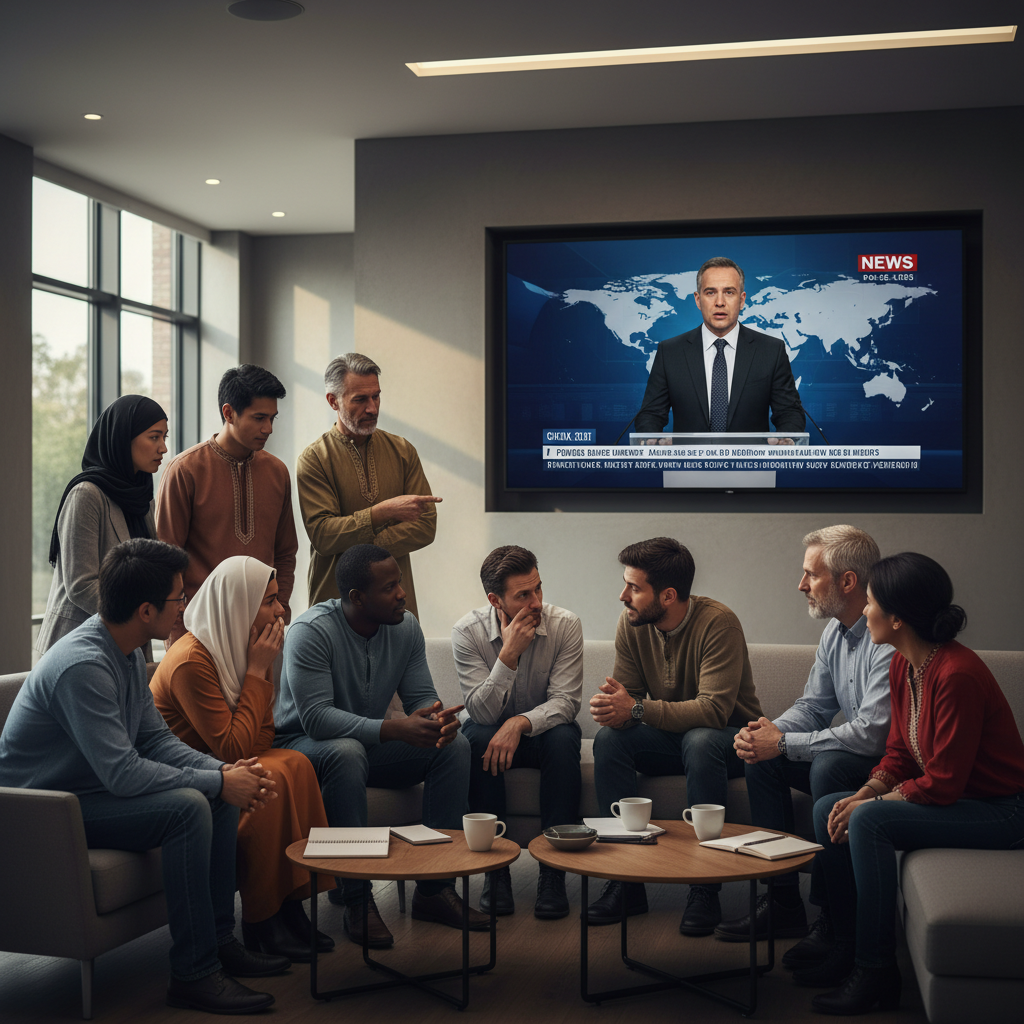 A diverse group of people from different cultures watching a news report on a large screen, expressing concern and discussion