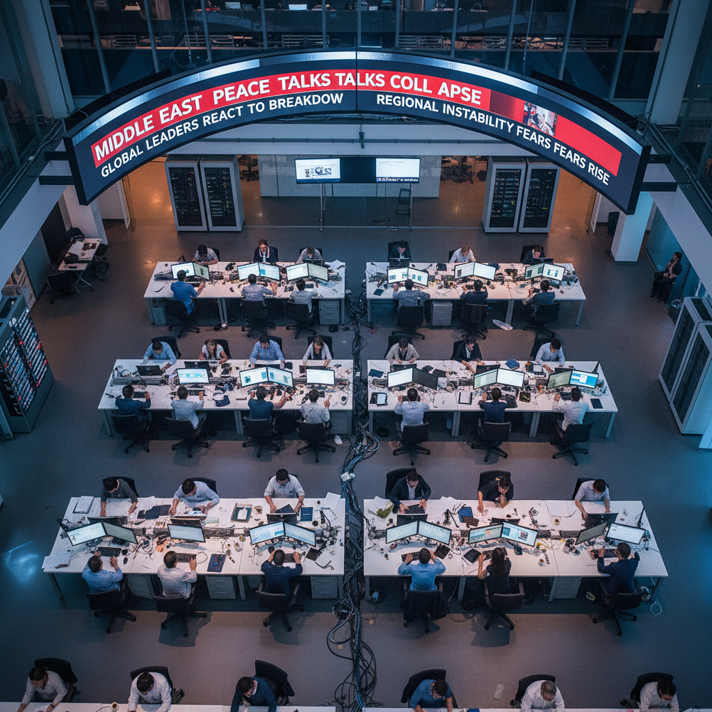 An aerial view of a bustling international newsroom with screens displaying breaking news headlines about the Middle East pea