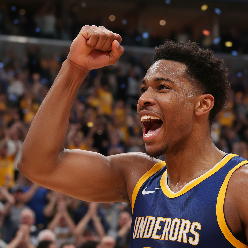 A close-up shot of a basketball player from the underdog team celebrating intensely after a crucial play in Game 7, with swea