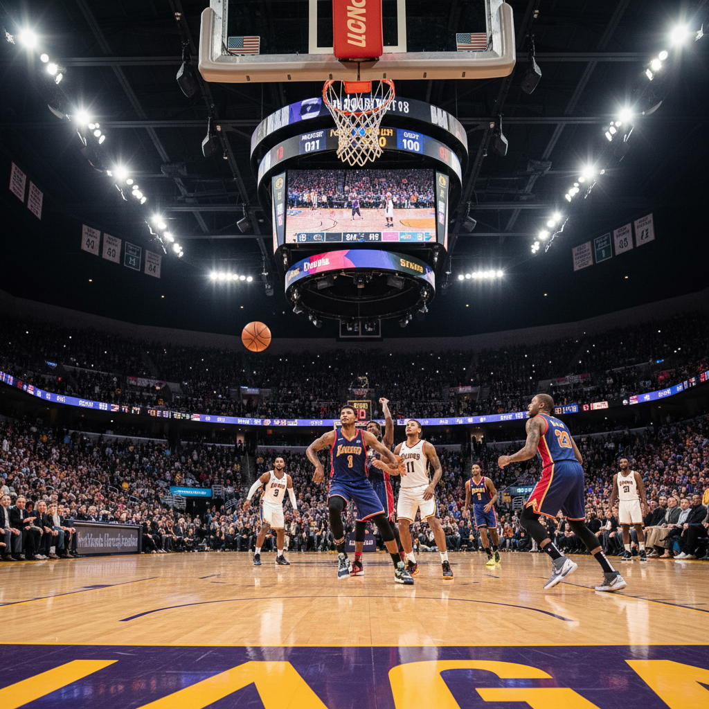 A dramatic, wide-angle shot of a packed basketball arena during the pivotal moments of an NBA Western Conference Finals Game 