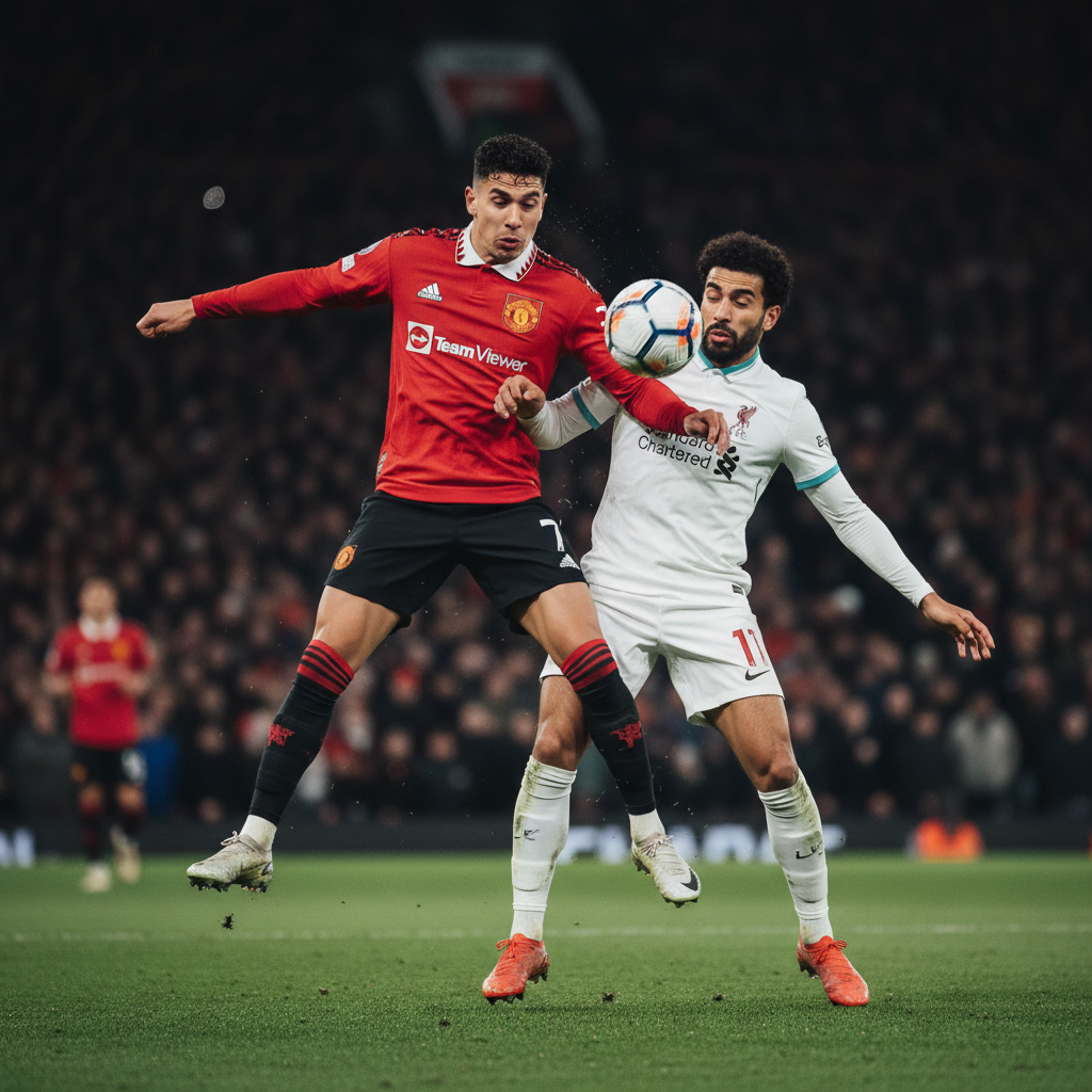 A close-up, intense action shot of two football players, one in a red Manchester United jersey and one in a white Liverpool j