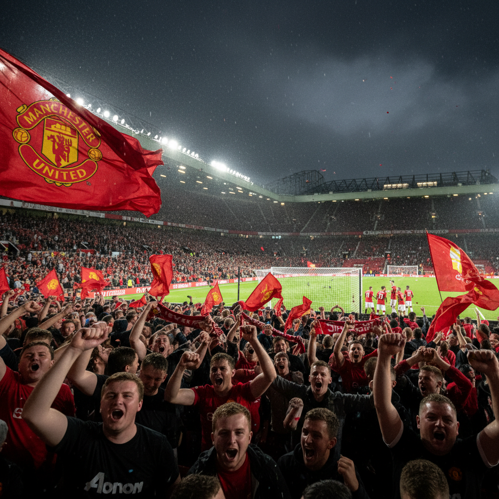 A dramatic wide shot of Old Trafford stadium at night, under floodlights and light rain, with a dense crowd of cheering Manch