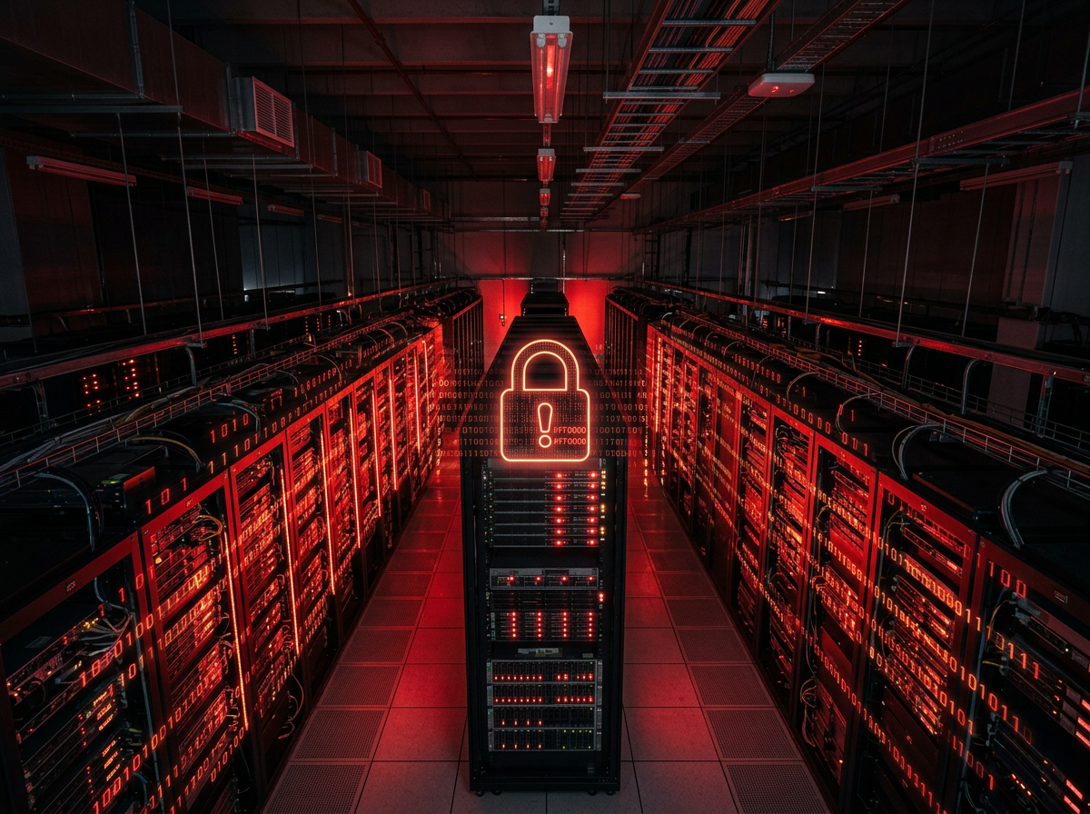 A dramatic, high-angle shot of a data center, rows of servers lit by emergency red lights, with a digital overlay of binary c