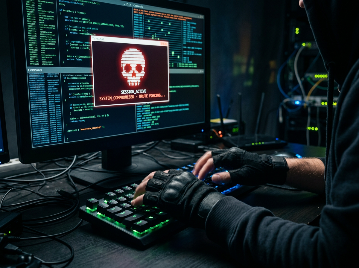 A close-up of a hacker's hands typing rapidly on a glowing keyboard in a dark room, with lines of code and a skull icon proje