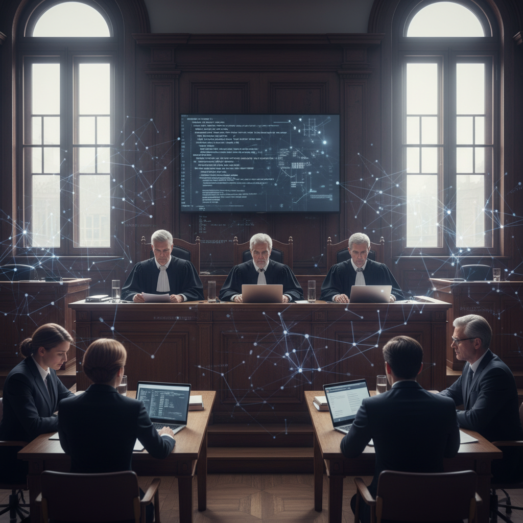 A courtroom scene with judges in robes, but with subtle digital overlays and network lines on the walls, suggesting the digit