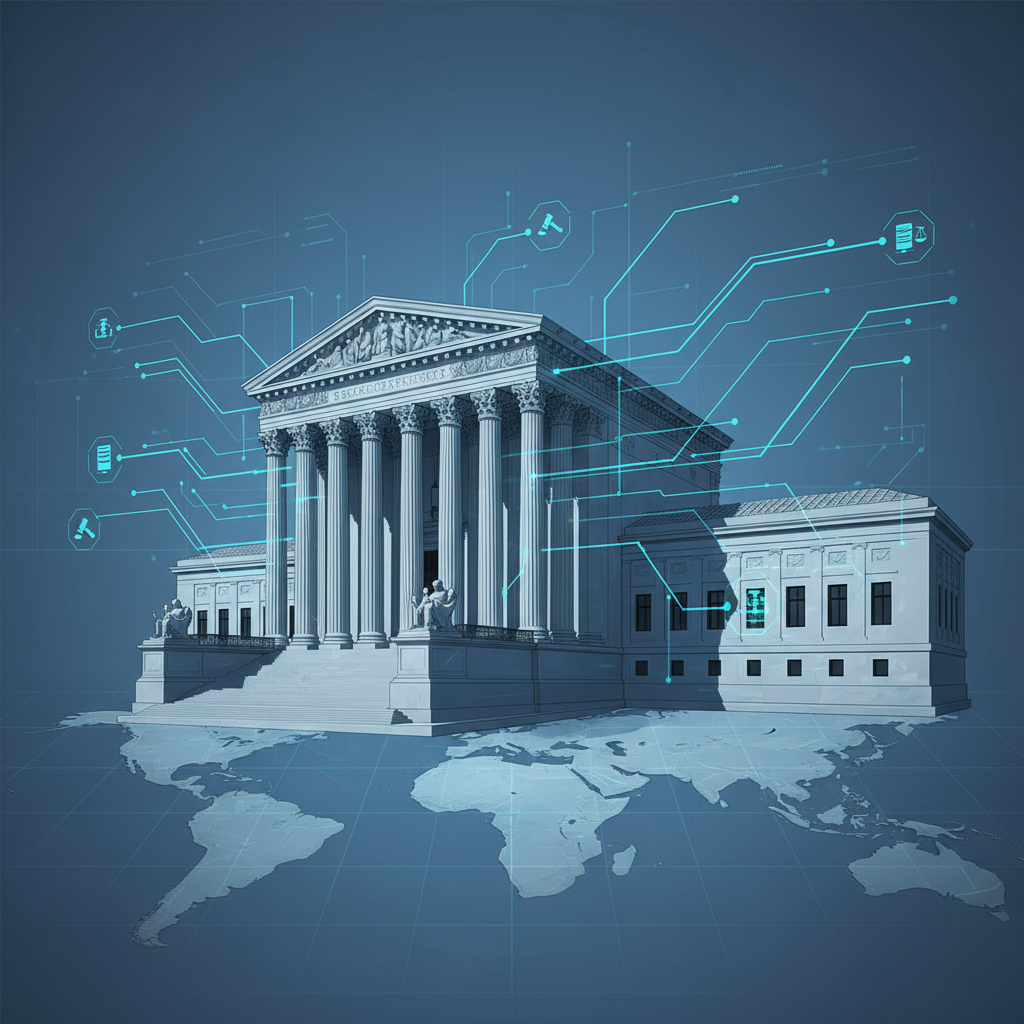 A stylized depiction of the Supreme Court building in Washington D.C., with digital lines and network nodes emanating from it